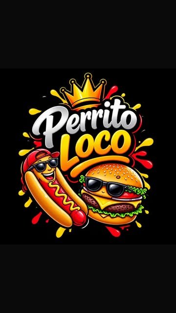 Logo de Perrito Loco, con un perrito y una burger con gafas de sol